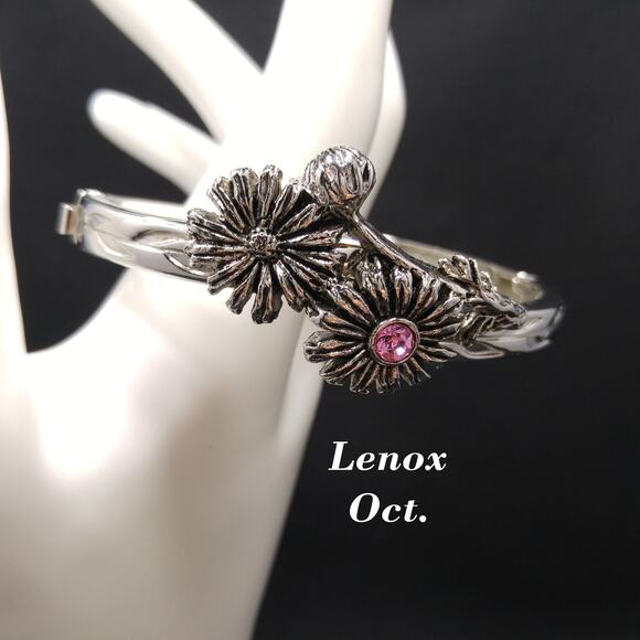 Vintage Lenox Floral Pink Rhinestone Hinged Bracelet, October Flower - Picture 1 of 10